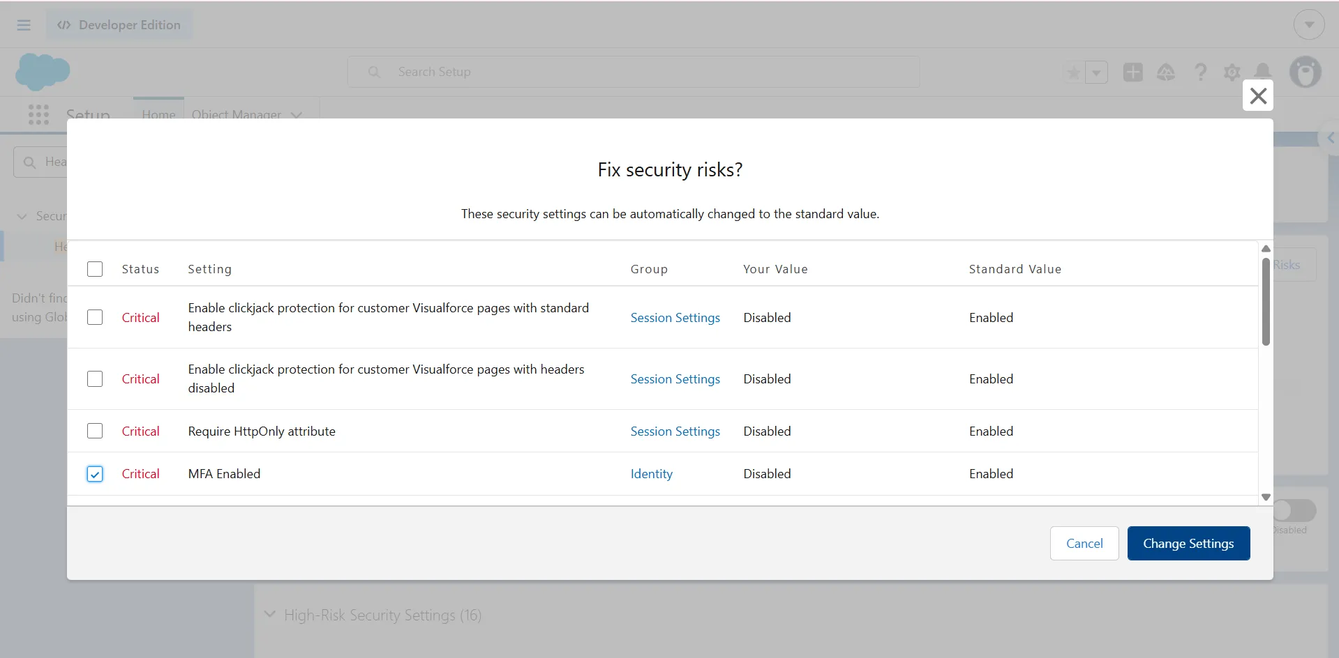 Fix security risks dialog in Salesforce Health Check listing critical settings with your value versus the standard value.