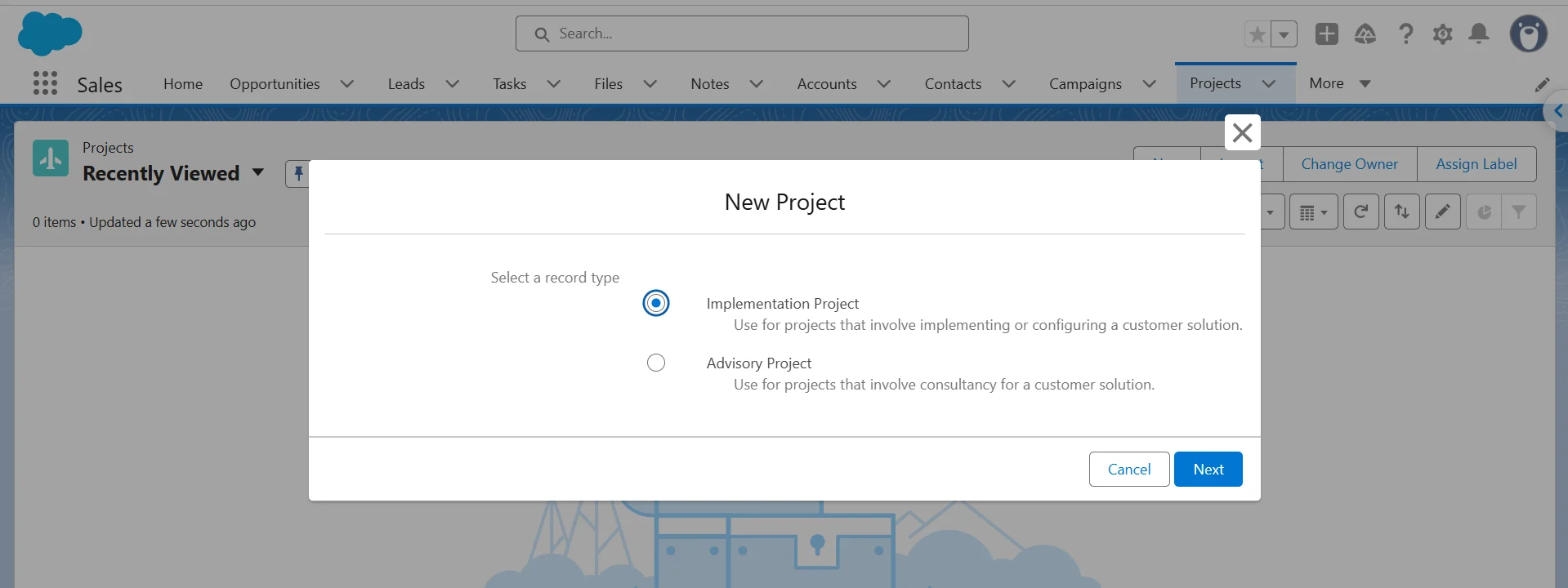 New Project dialog in Salesforce asking the user to select a record type, with descriptions shown under each option.