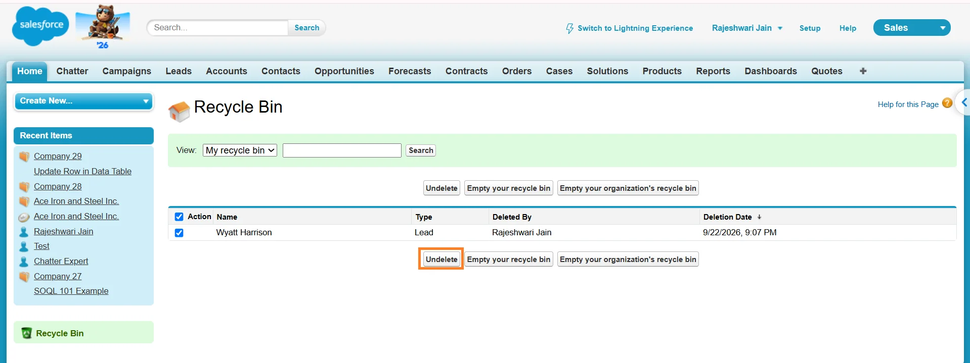 Salesforce Classic Recycle Bin with a selected Lead record and the Undelete button highlighted.