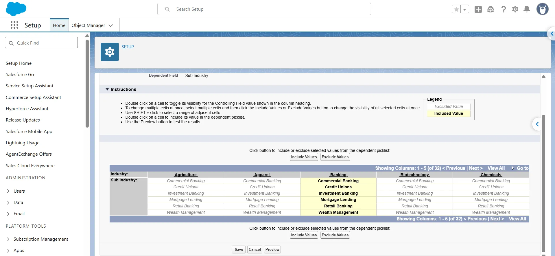 Field dependency matrix showing Sub Industry values included or excluded per Industry value.