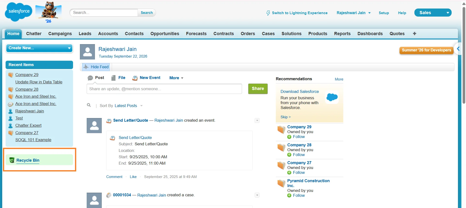 Salesforce Classic Home page with the Recycle Bin link highlighted in the left sidebar.