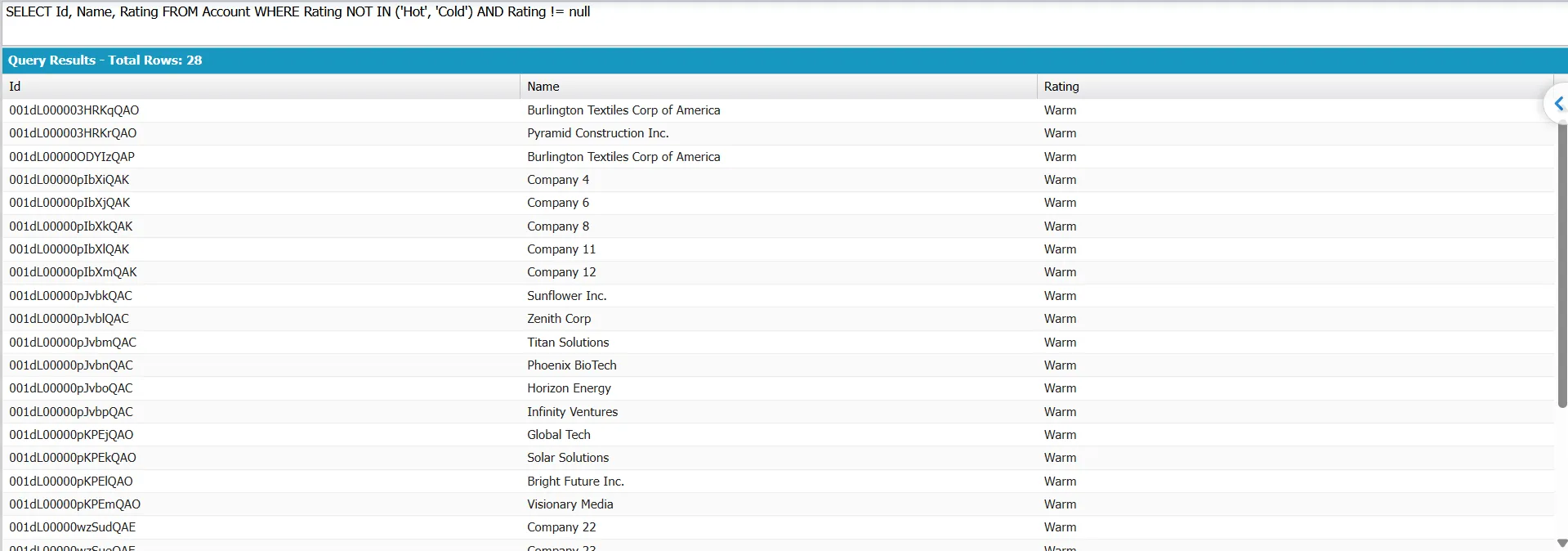 SOQL query results showing NOT IN combined with != null excluding blank Rating values.