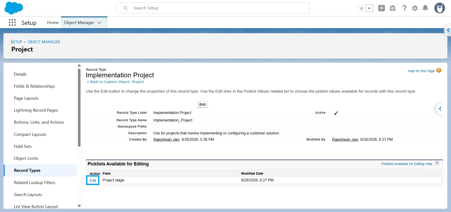 Implementation Project record type page in Salesforce with the Edit button highlighted next to a picklist field.