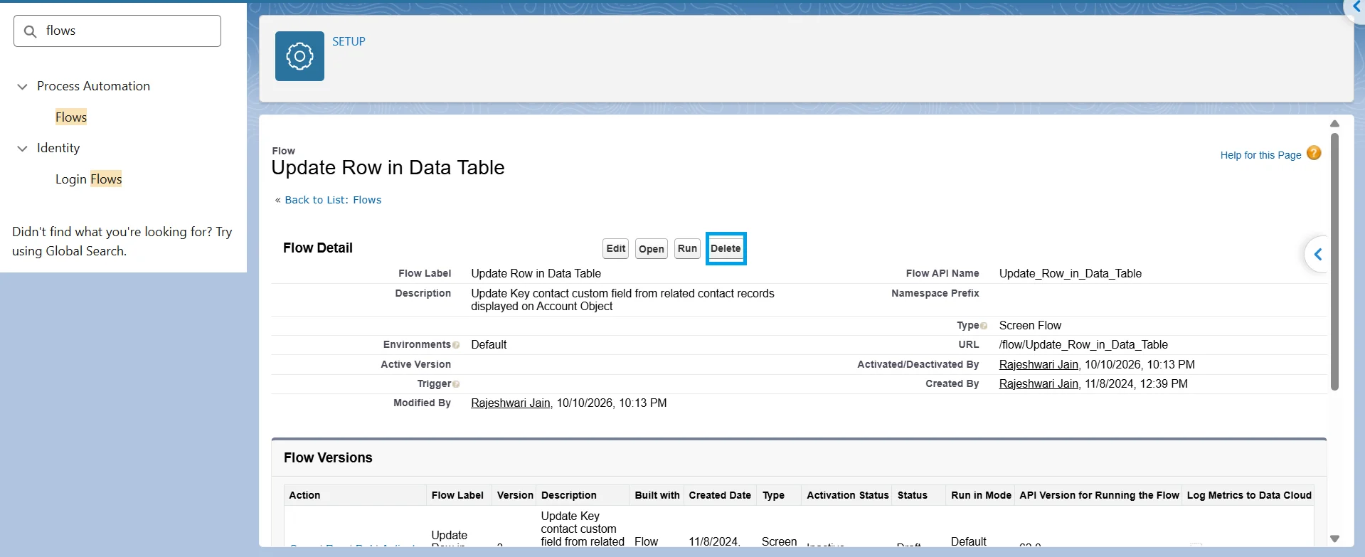 Flow Detail page with the Delete button highlighted next to Edit, Open and Run, with the Active Version field empty.