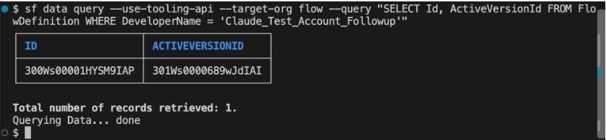 Query a flow’s definition and active version IDs with Salesforce CLI.