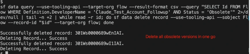 Delete every obsolete flow version in one CLI command and confirm each deletion succeeded.