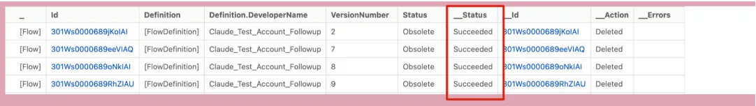 Data Import results in Salesforce Inspector Reloaded with four obsolete flow versions marked Succeeded and Deleted.