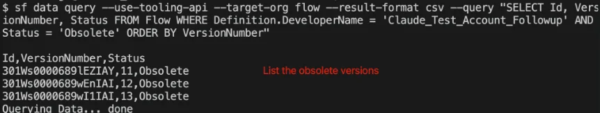 List a flow’s obsolete versions with a Salesforce CLI query before deleting any of them.