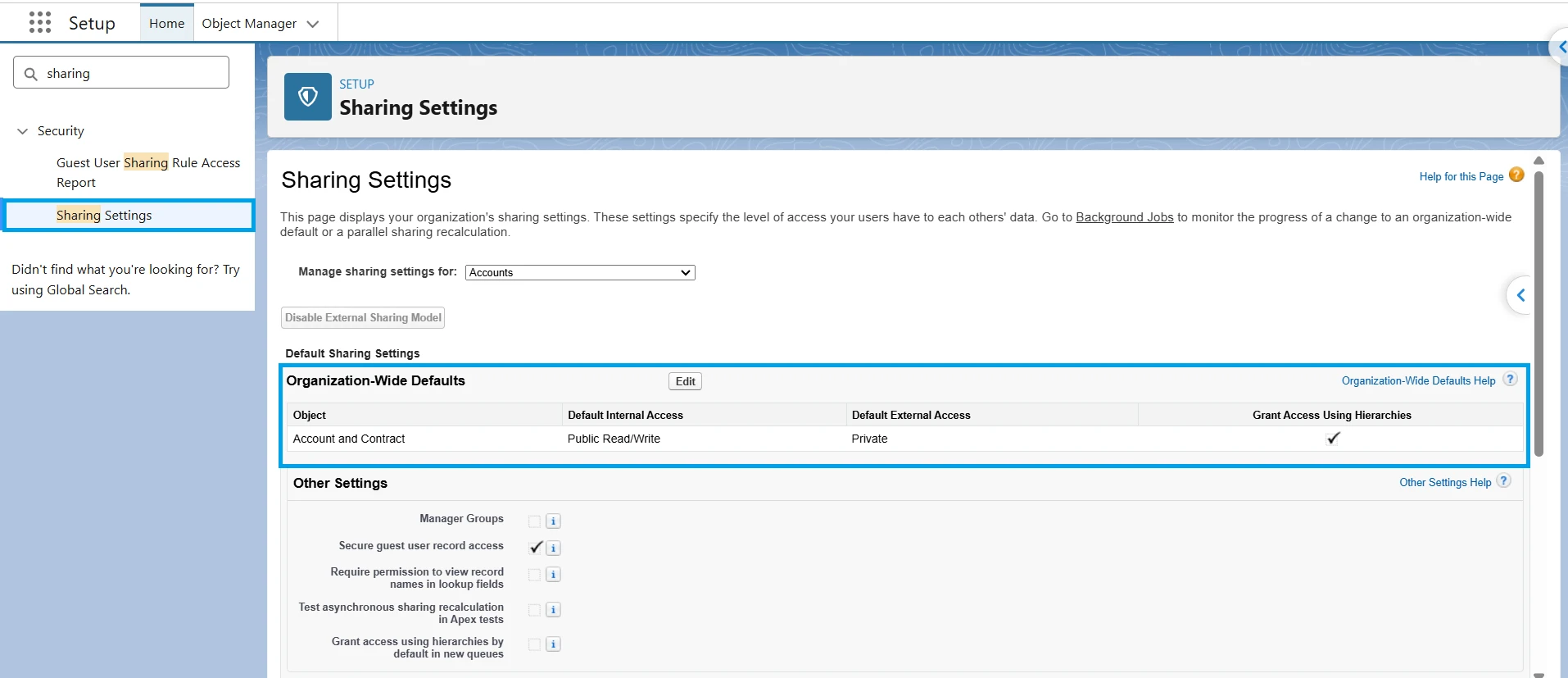 Salesforce Sharing Settings page with the Organization-Wide Defaults table highlighted for Account and Contract.