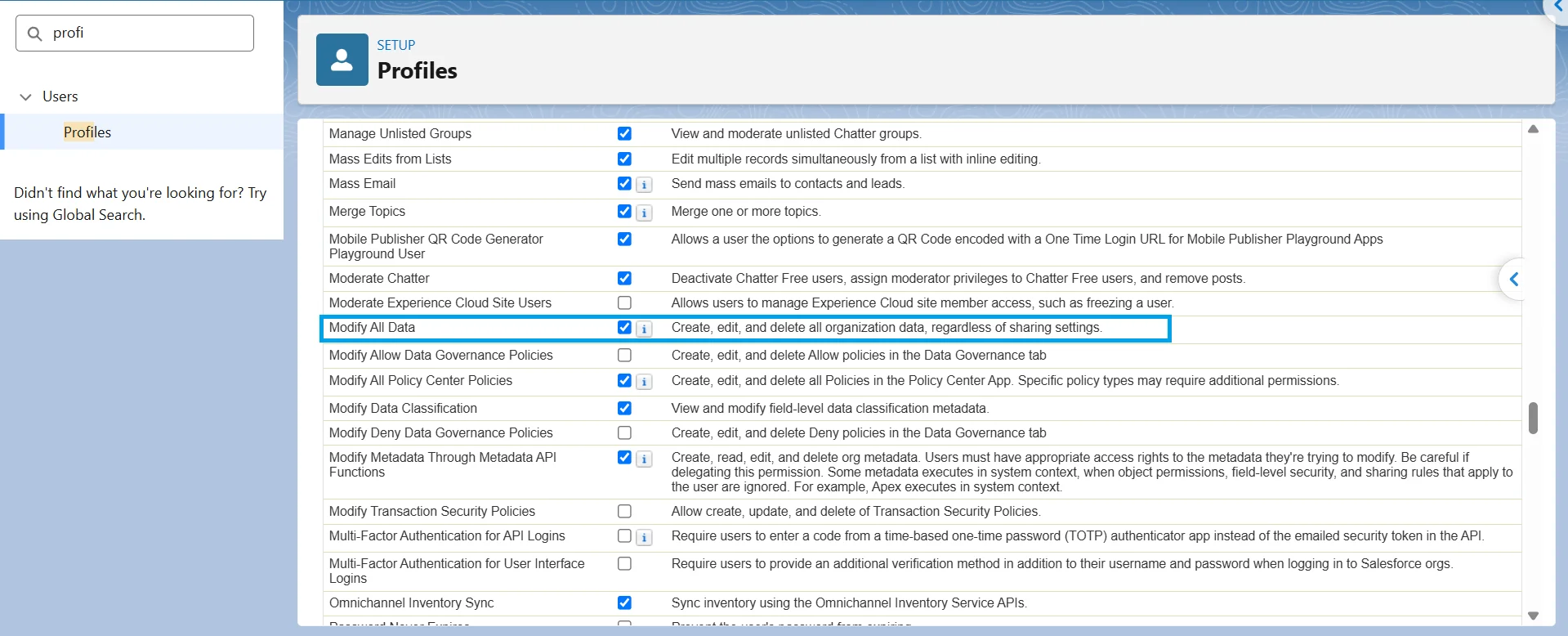 Salesforce profile system permissions list with the Modify All Data checkbox selected and highlighted.