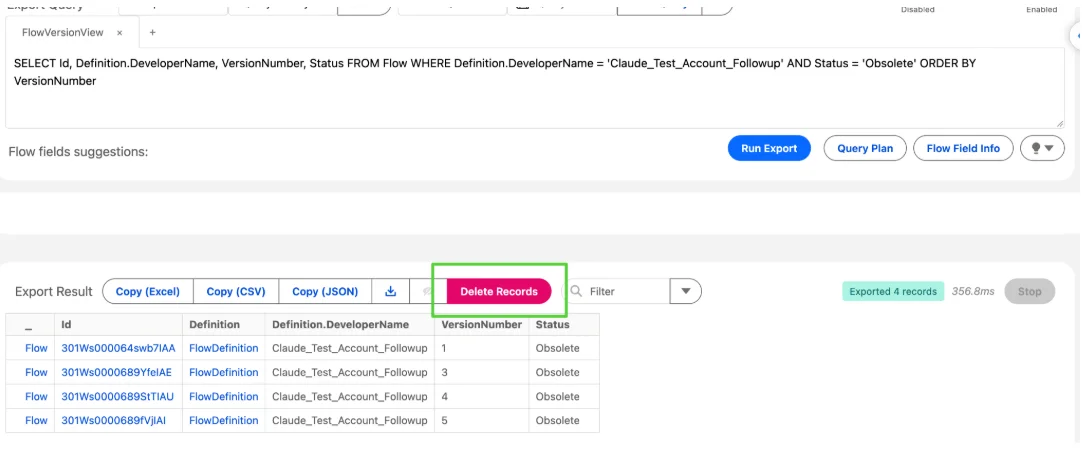 Click Delete Records to remove the obsolete flow versions listed in the export results.